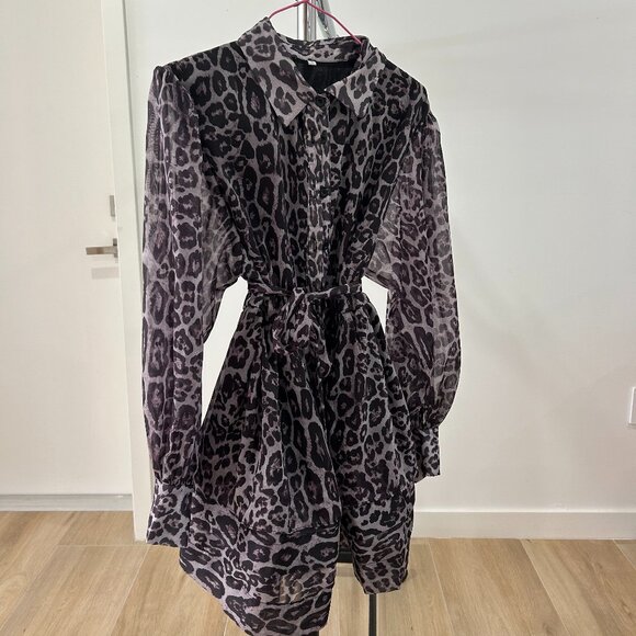 Leopard Print Chiffon Dress, Long Sleeve, Belted Waist - Picture 2 of 3